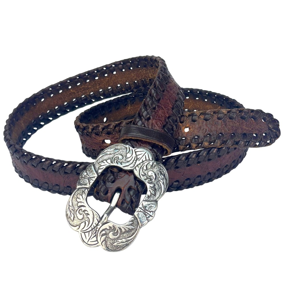 VTG 90s Polo Ralph Lauren Brown Tooled Leather Belt Engraved Silver Buckle Women